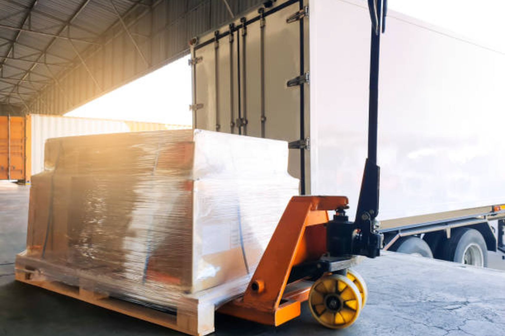 Pallet on dock waiting to be loaded into the truck.