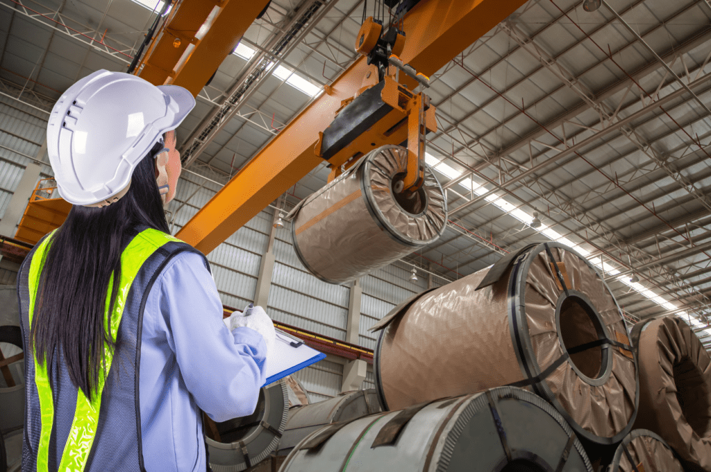 Worker safely operating warehouse overhead crane to lift heavy machinery, eliminating risky manual handling