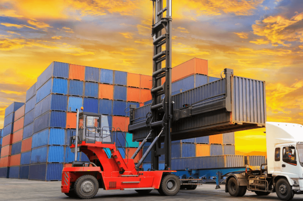 Fleet of drayage trucking companies lined up near major U.S. port for container pickup