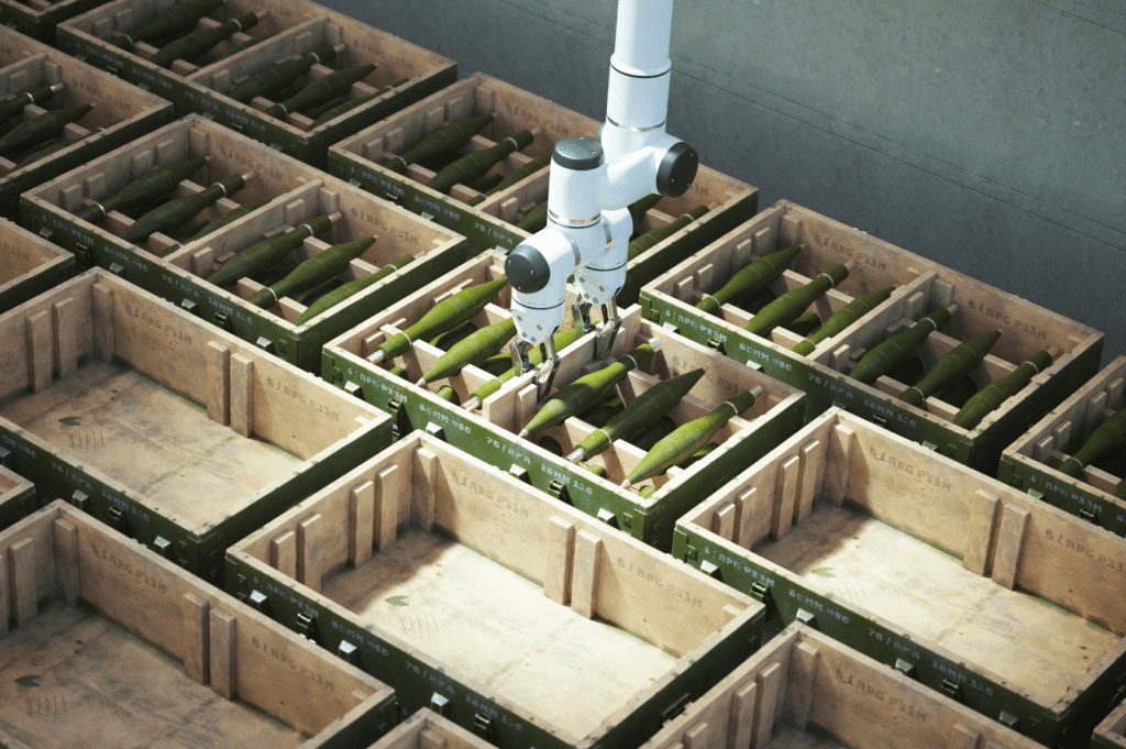 High-security military warehouse with reinforced doors, surveillance cameras, and fenced perimeter for secure storage of defense equipment.