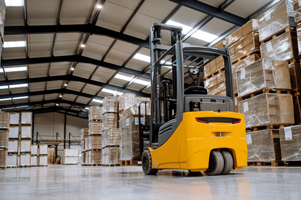 Forklift with slip sheet attachment efficiently handling pallet-free loads in a warehouse, improving space utilization and material handling speed.