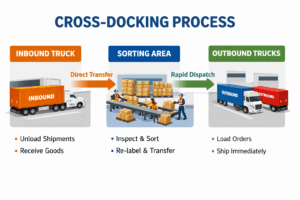 cross-docking process where inbound freight is transferred directly to outbound trucks with minimal storage