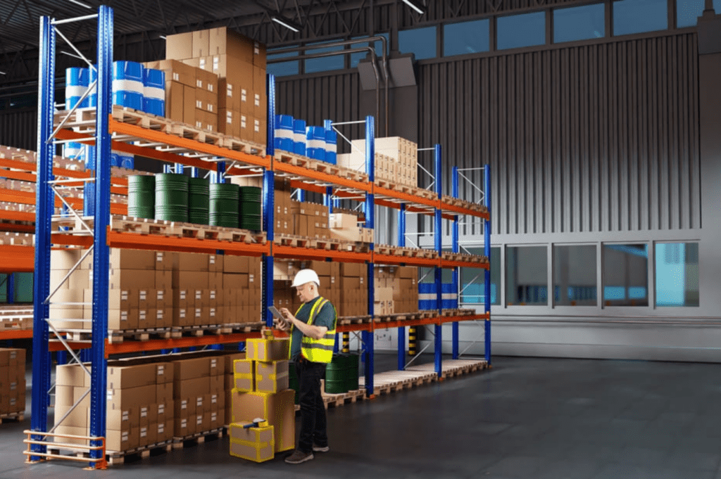 Warehouse worker in high-visibility vest inspecting pallets on tall shelving racks inside a Memphis fulfillment center.
