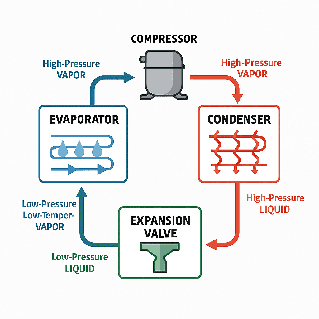  Diagram of the refrigeration cycle showing the flow between four main components: evaporator, compressor, condenser, and expansion valve, with labeled arrows indicating changes in pressure and temperature of the refrigerant.