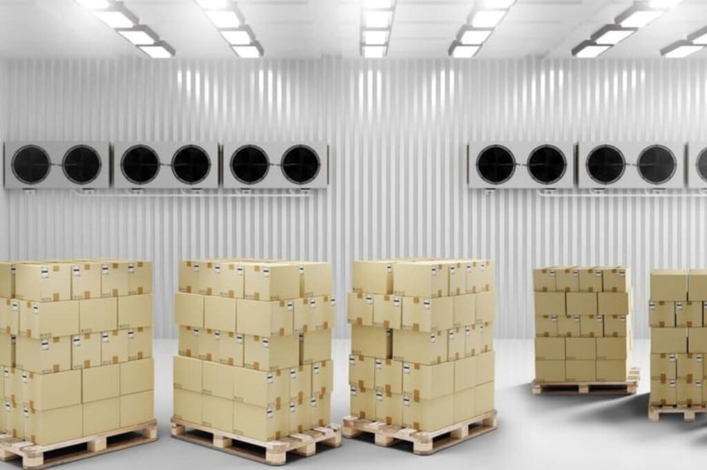 Interior of a climate control warehouse with pallets of temperature-sensitive goods stored in a regulated environment.