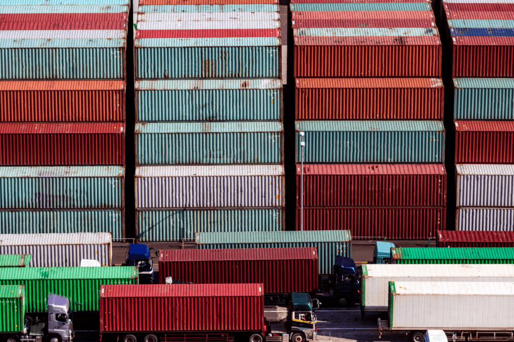 Stacked cargo containers at Cleveland drayage and transloading facility near the Port of Cleveland