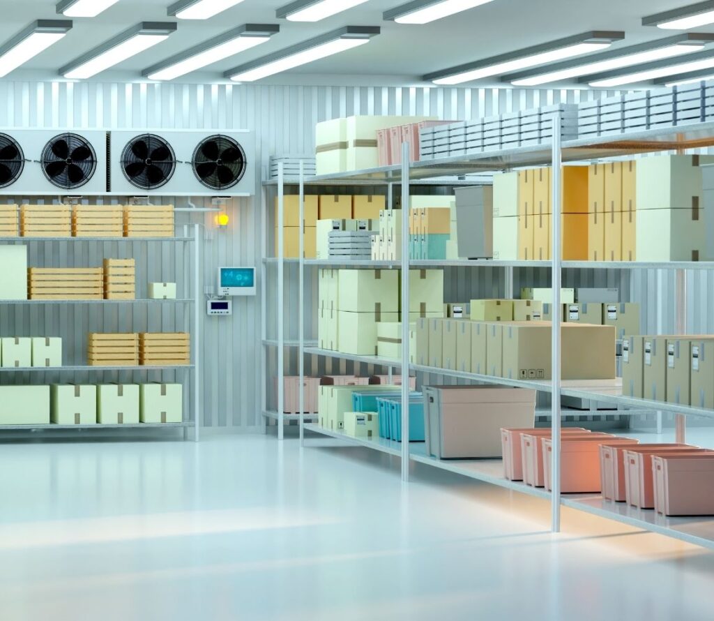 Temperature-controlled cold storage warehouse in Seattle with organized racks of perishable goods.