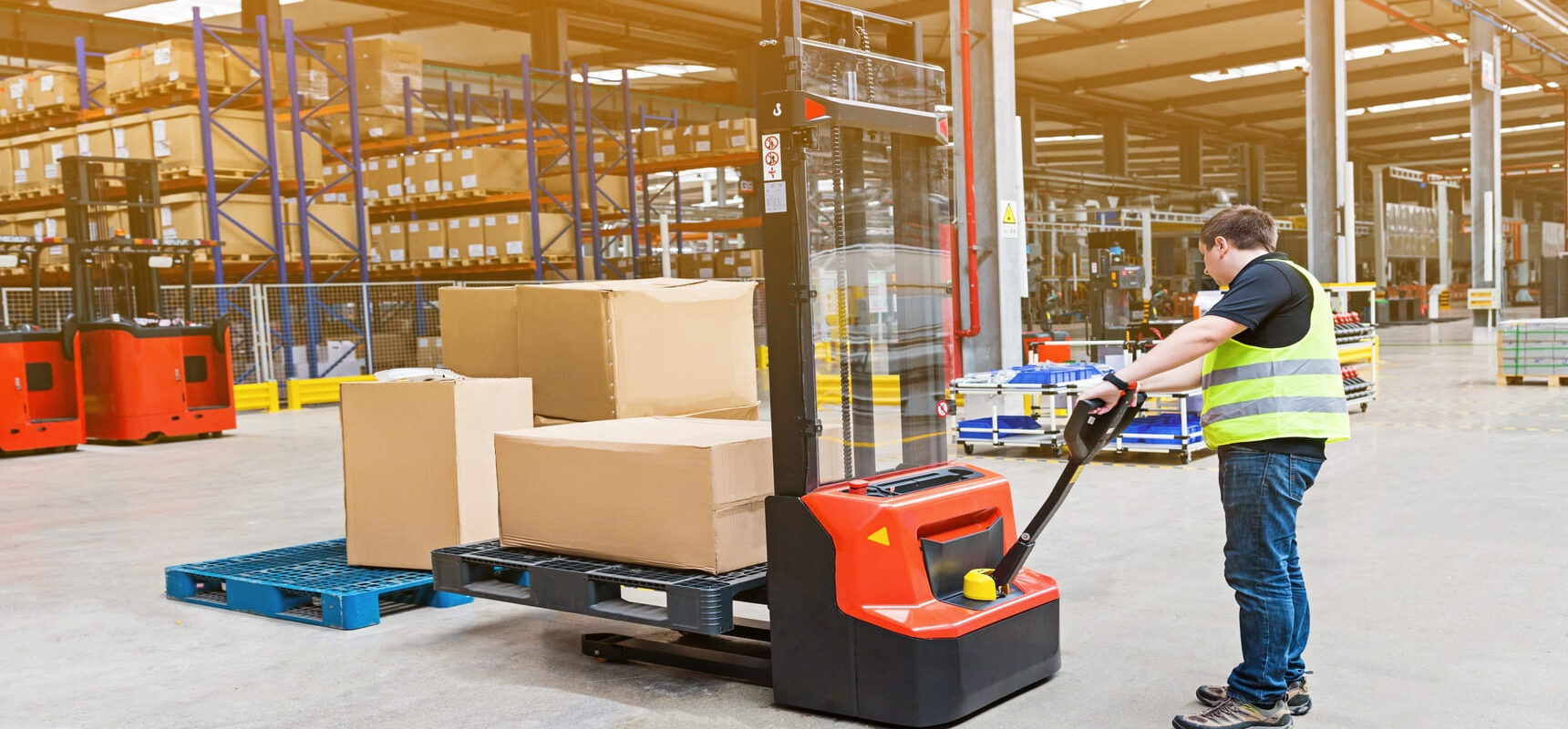Warehouse with organized shelves and workers managing inventory.