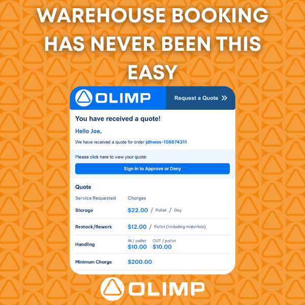 User-friendly OLIMP quote email showing easy warehouse booking options with Accept and Reject buttons for faster reservations.
