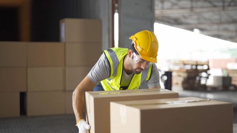 Warehouse worker transferring inventory between storage areas in a modern logistics facility, representing efficient 4PL supply chain operations