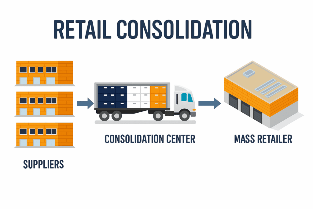 Diagram showing the retail consolidation process with suppliers shipping goods to a consolidation center, then delivering combined loads to a mass retailer distribution center.