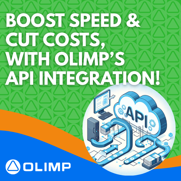 Dashboard view showing OLIMP API integration for real-time warehouse booking and order tracking.