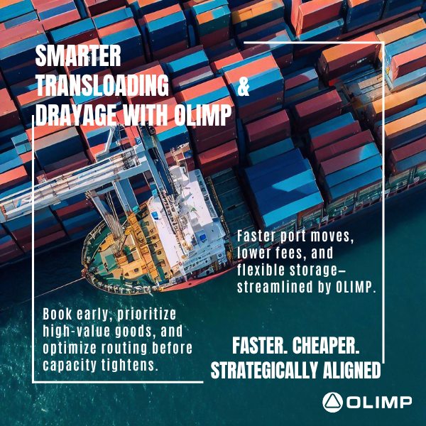 Container trucks and cranes in a busy port, OLIMP's transloading and drayage services speeding up freight turnaround.
