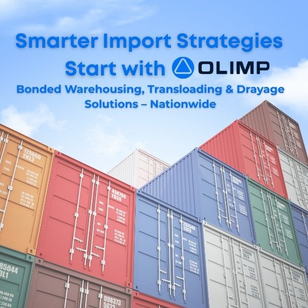 Pallets stored in a secure OLIMP bonded warehouse, streamlining import logistics and saving on duties and fees.