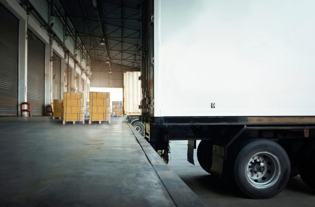 Freight consolidation at a warehouse loading dock, showing a truck backed up to the platform with multiple pallets of goods prepared for shipment.
