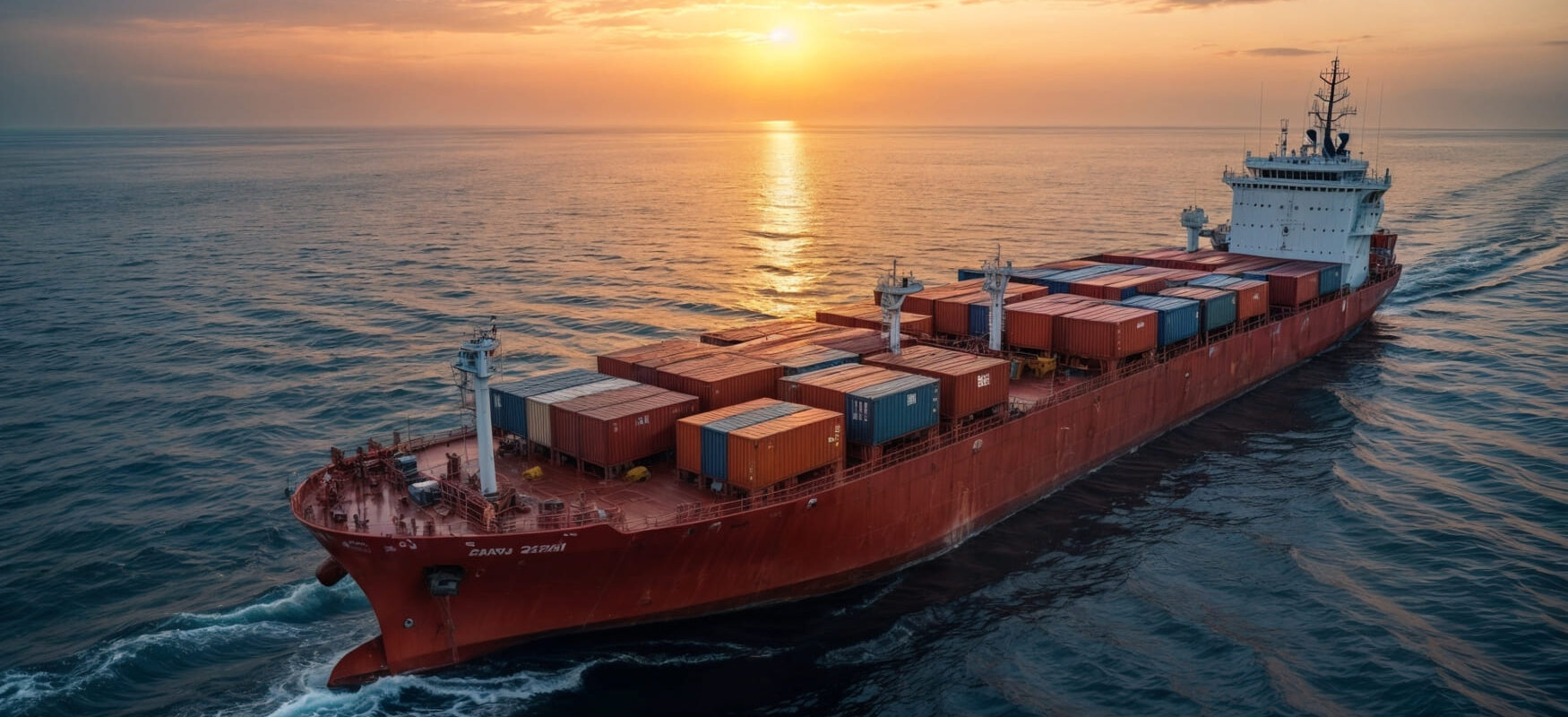 Container ship carrying intermodal shipping containers at sunset – efficient global freight transport.