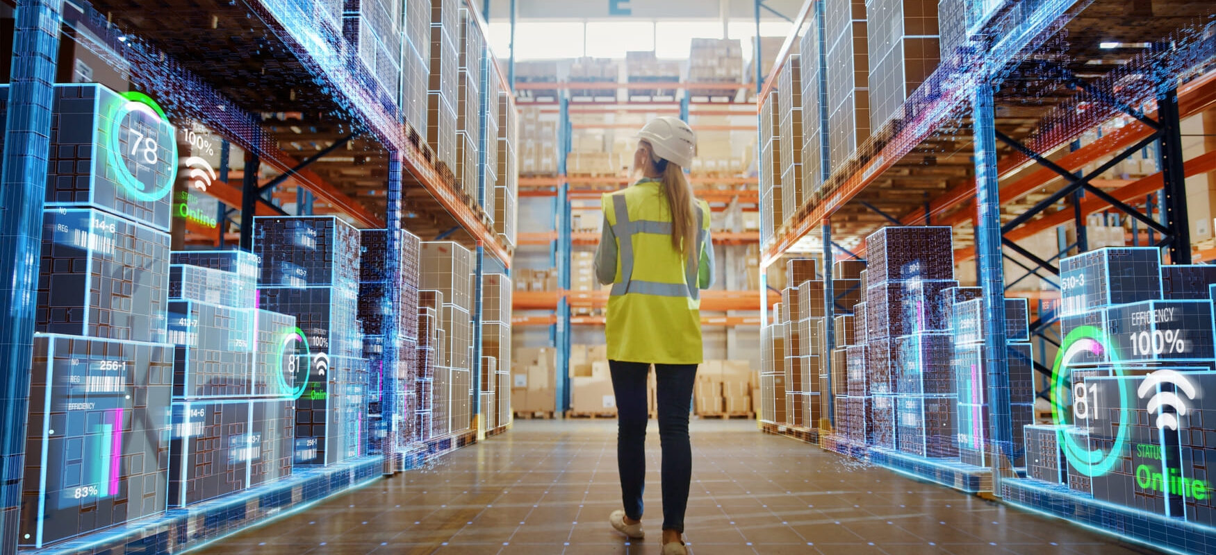 Worker in a smart warehouse with digital inventory systems and analytics, representing the future of retail logistics.