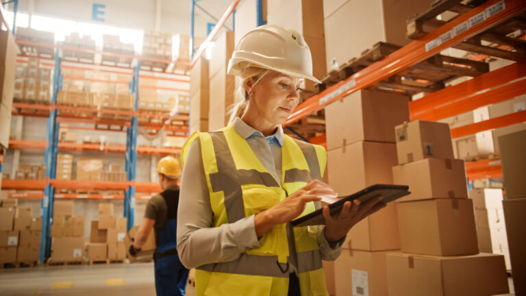 Worker in commercial warehouse checking inventory on tablet.