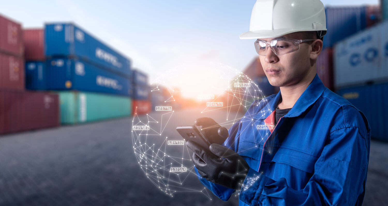 Blockchain supply chain network connecting manufacturers, suppliers, and retailers with transparent, traceable data flow.