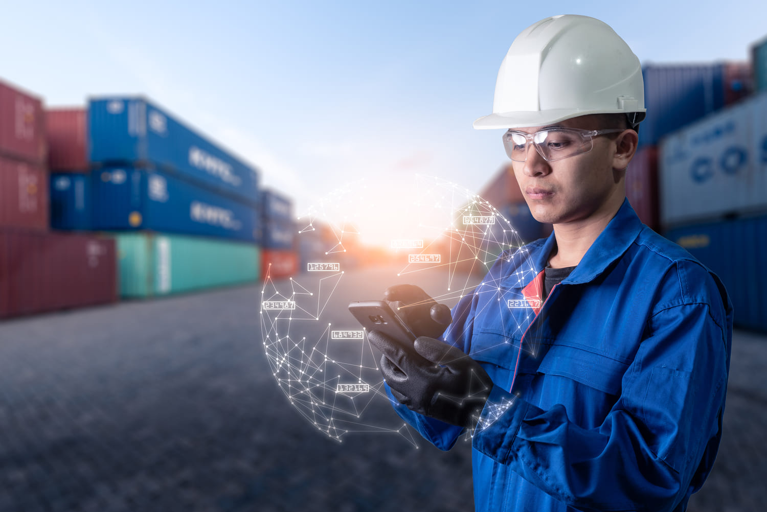 Blockchain supply chain network connecting manufacturers, suppliers, and retailers with transparent, traceable data flow.