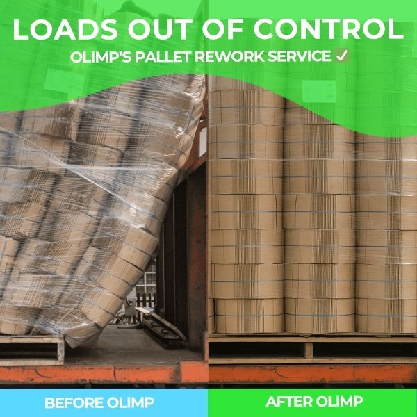 Technician reworking and securing unstable pallets for safe transport at Olimp warehouse.