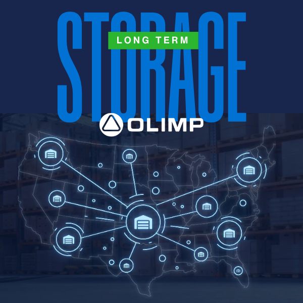 Organized warehouse storage racks showcasing OLIMP’s long-term storage solutions.