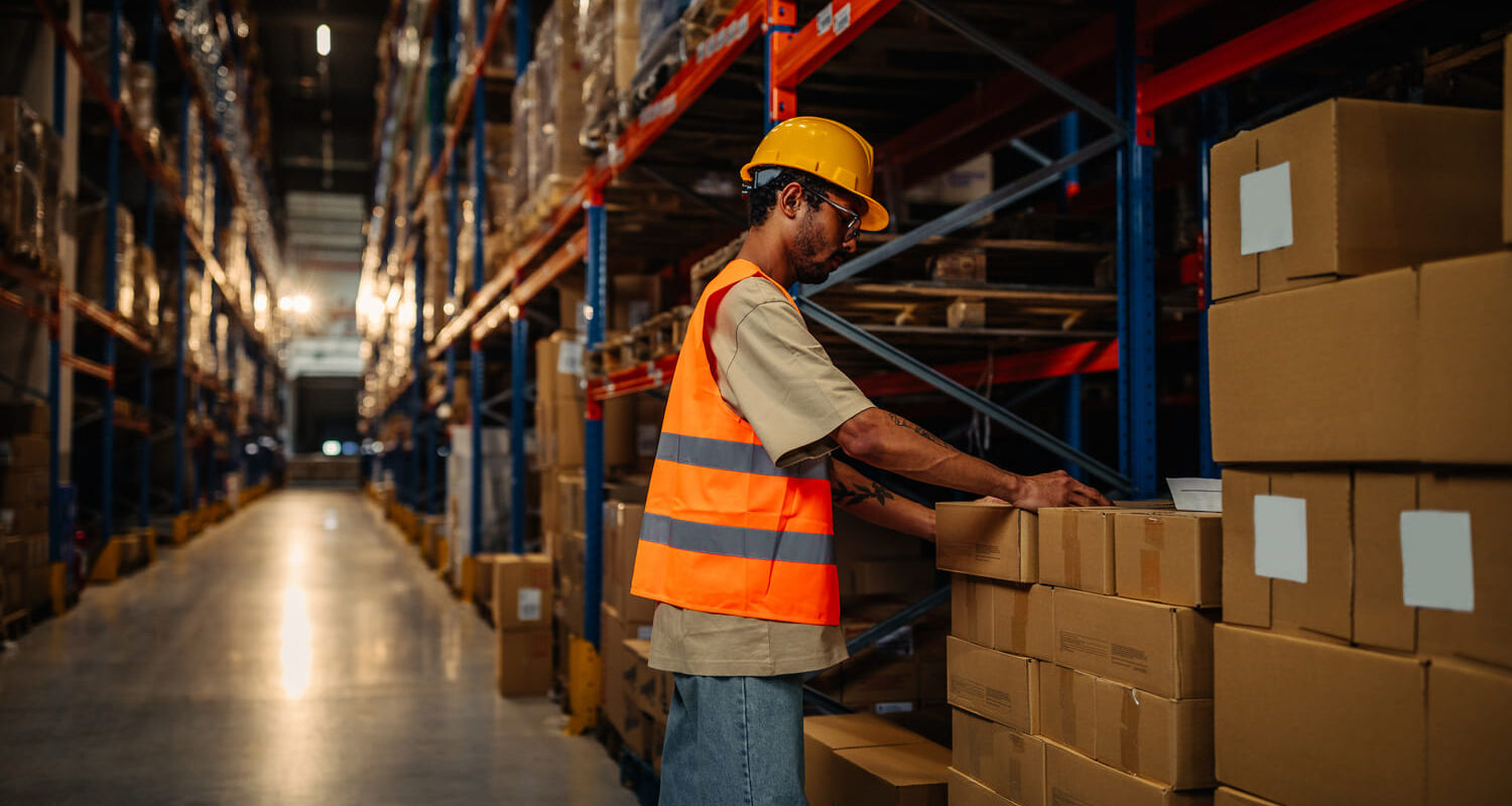 Shared warehouse space with shelves, boxes, and workers packing orders
