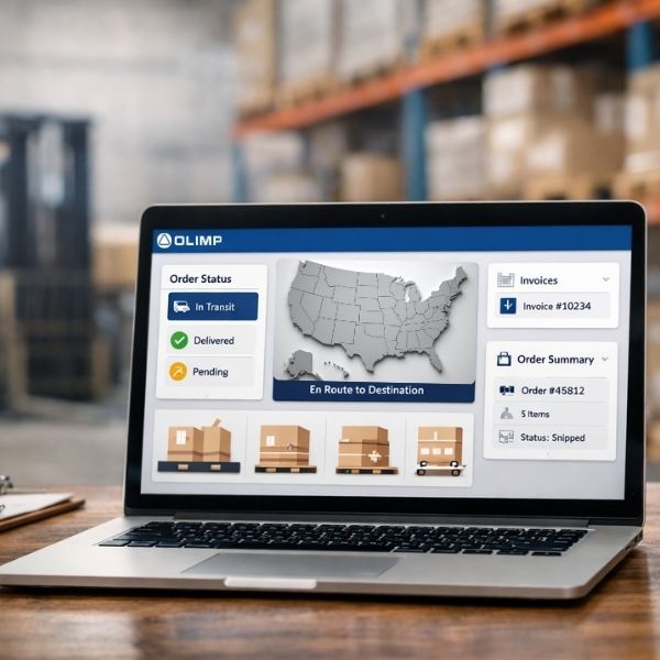 OLIMP Warehousing dashboard showing shipment status, order tracking and invoices in one account