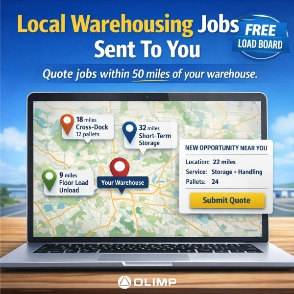 Warehouse manager reviewing nearby job requests and quoting projects on OLIMP load board platform