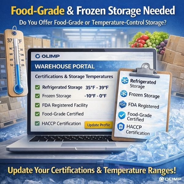Temperature-controlled warehouse cold storage facility with refrigerated and frozen sections for food-grade products