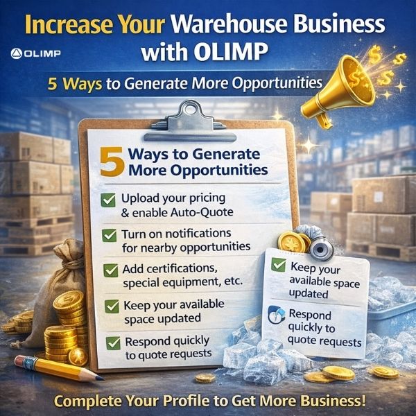 Warehouse operator updating OLIMP partner profile with pricing, space availability and equipment details