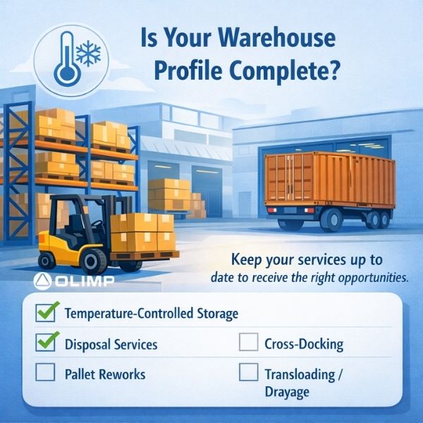 Warehouse manager reviewing a digital warehouse profile checklist including cross-docking, temperature-controlled storage, and logistics services