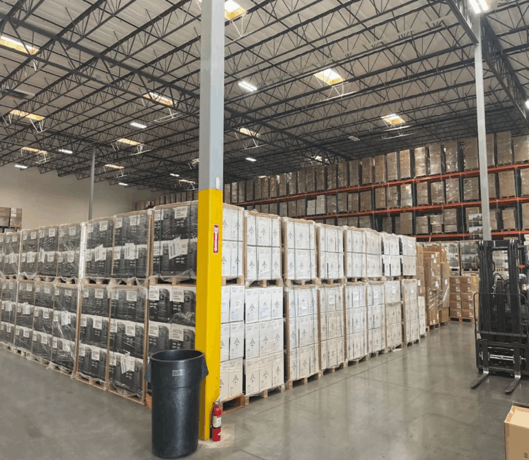 Lean warehousing layout showing organized shelves and efficient warehouse workflow