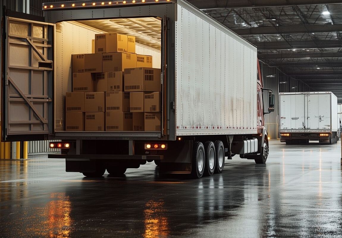 Cross dock warehouse facility transferring freight from inbound trucks to outbound trucks with minimal storage