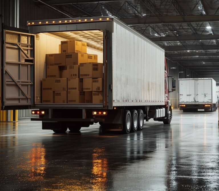 Cross dock warehouse facility transferring freight from inbound trucks to outbound trucks with minimal storage