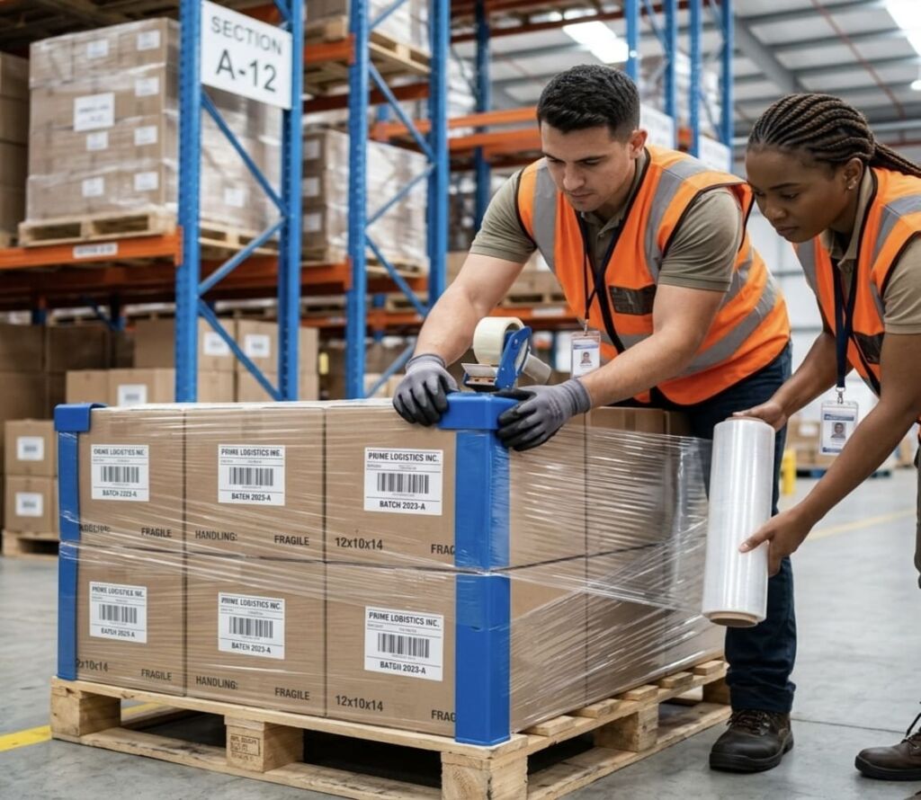 Logistics experts correcting and securing freight pallets in North Las Vegas, NV