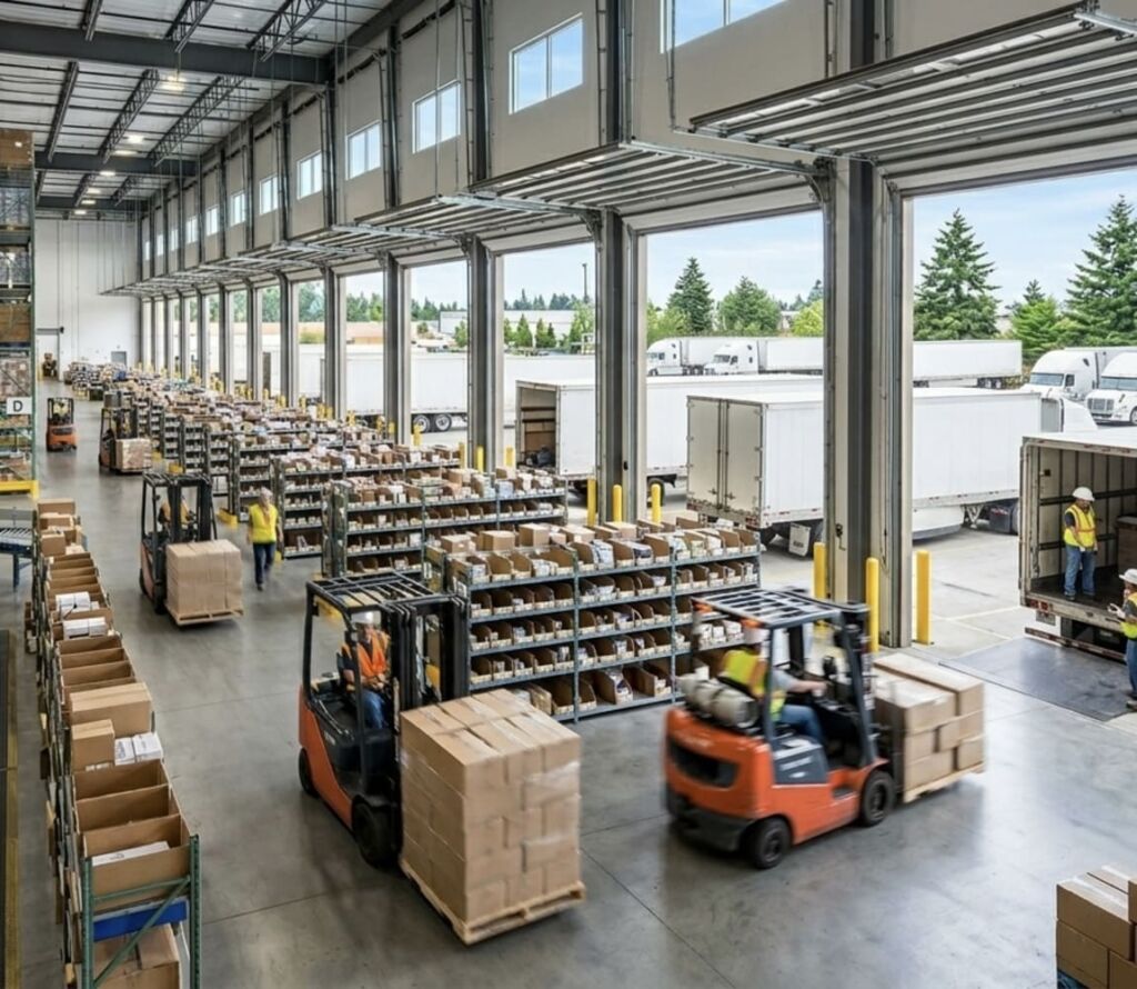 Distribution center with trucks and fulfillment operations in Kent Washington