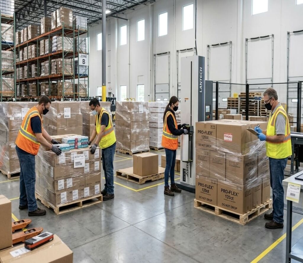 Warehouse team performing pallet rework and freight optimization in Kent WA