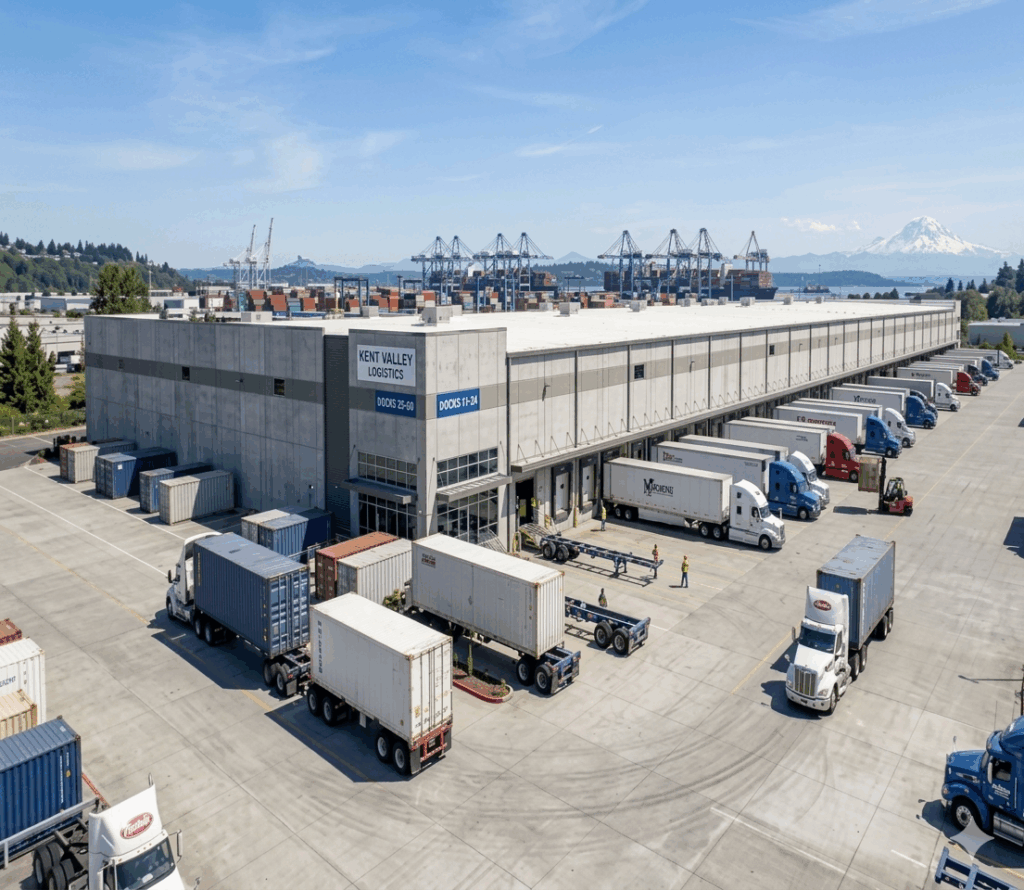 Drayage trucks and warehouse logistics operations in Kent Valley WA