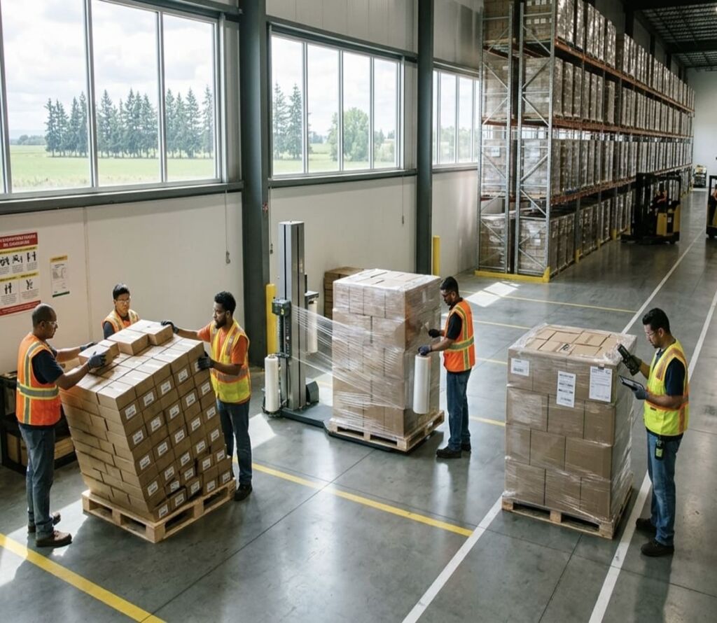 Pallet rework team working in Salem Oregon warehouse