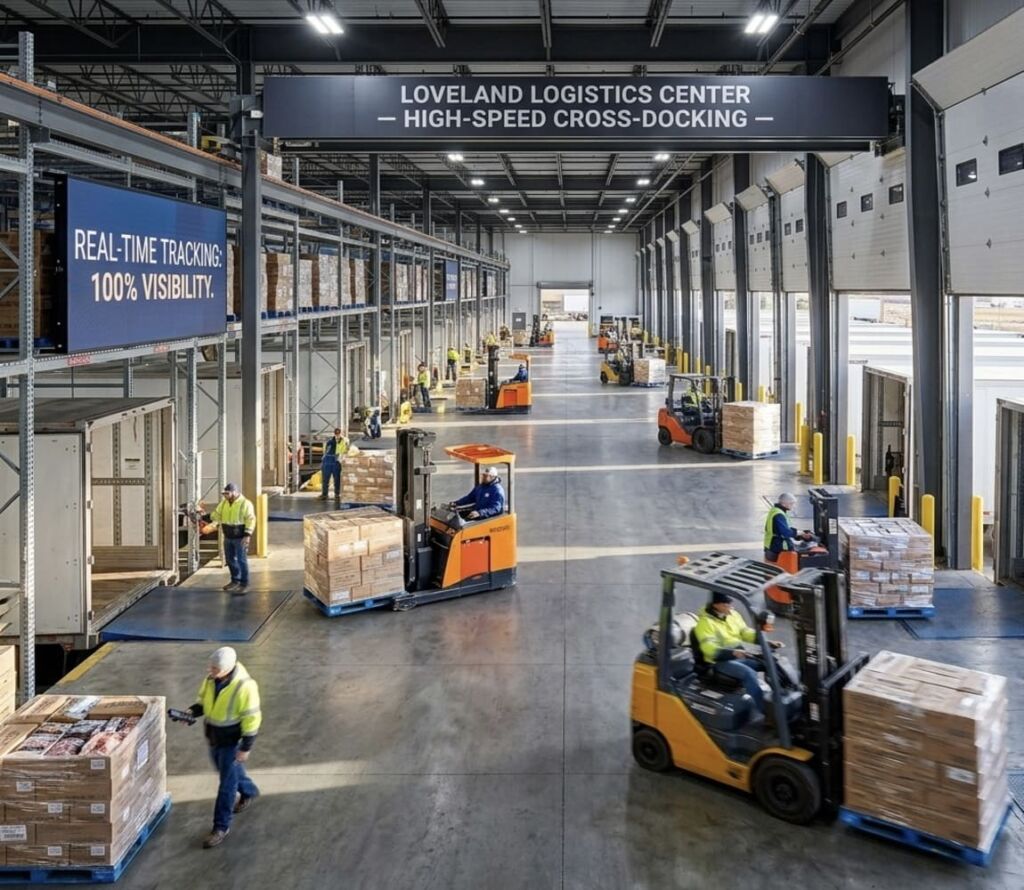 Cross docking facility with trucks and real-time logistics operations in Loveland, CO