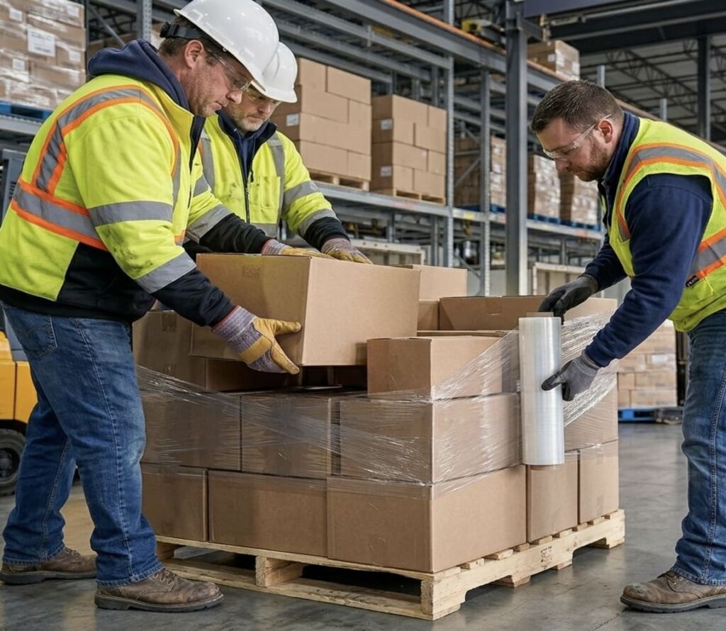 Warehouse workers reorganizing pallets for safe transport in Loveland, CO