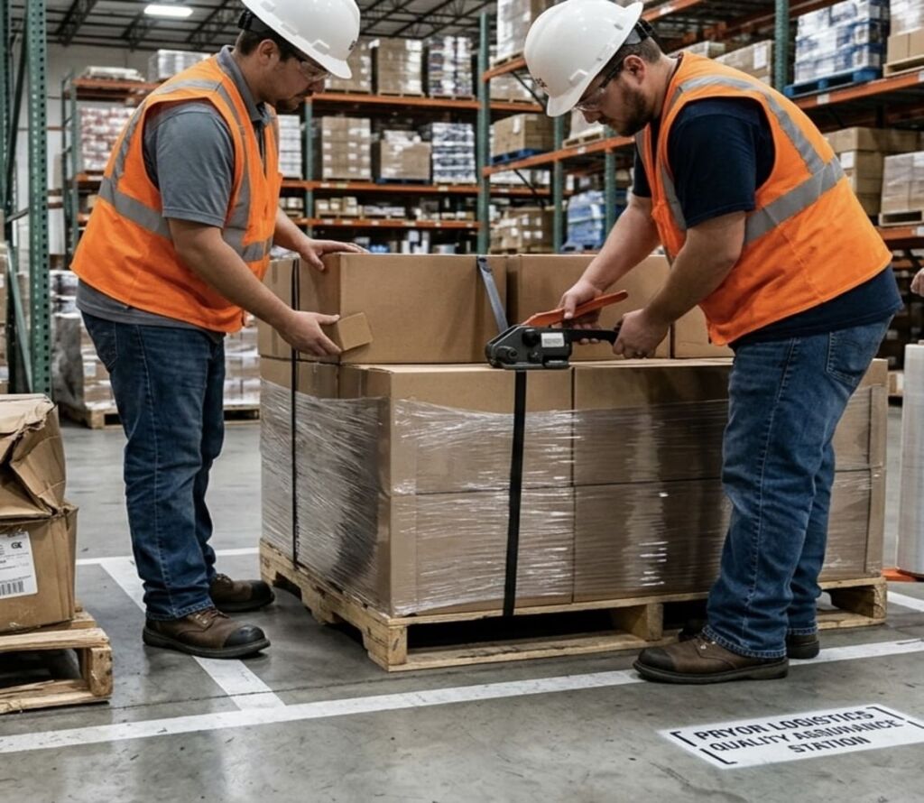 Logistics specialists performing pallet rework and load stabilization in Pryor, OK