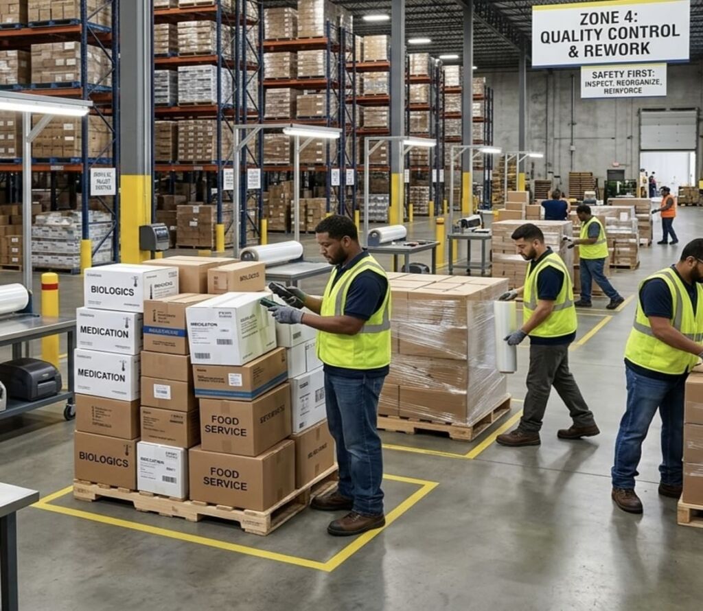 Warehouse workers reorganizing pallets for safe transport in The Bronx, NY