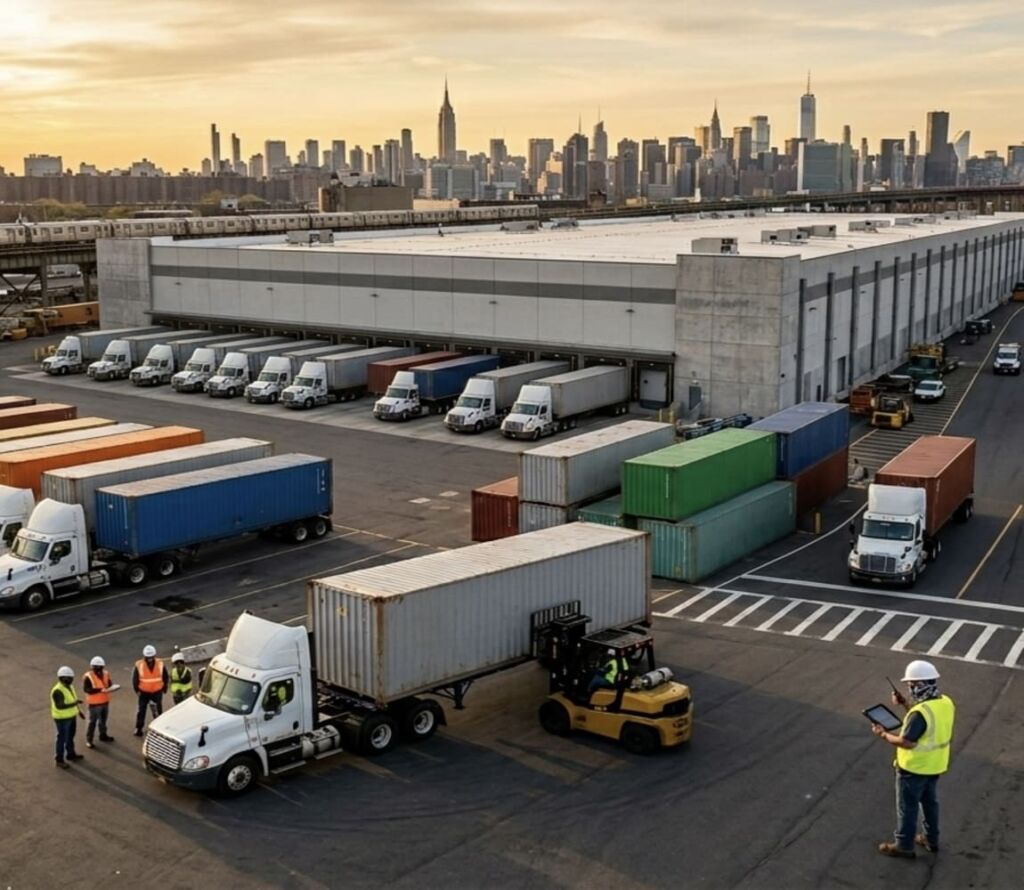 Drayage trucks and warehouse logistics operations in The Bronx, NY