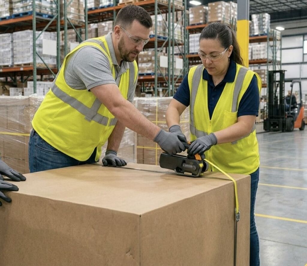 Warehouse workers reorganizing pallets for safe transport in Opelika, AL