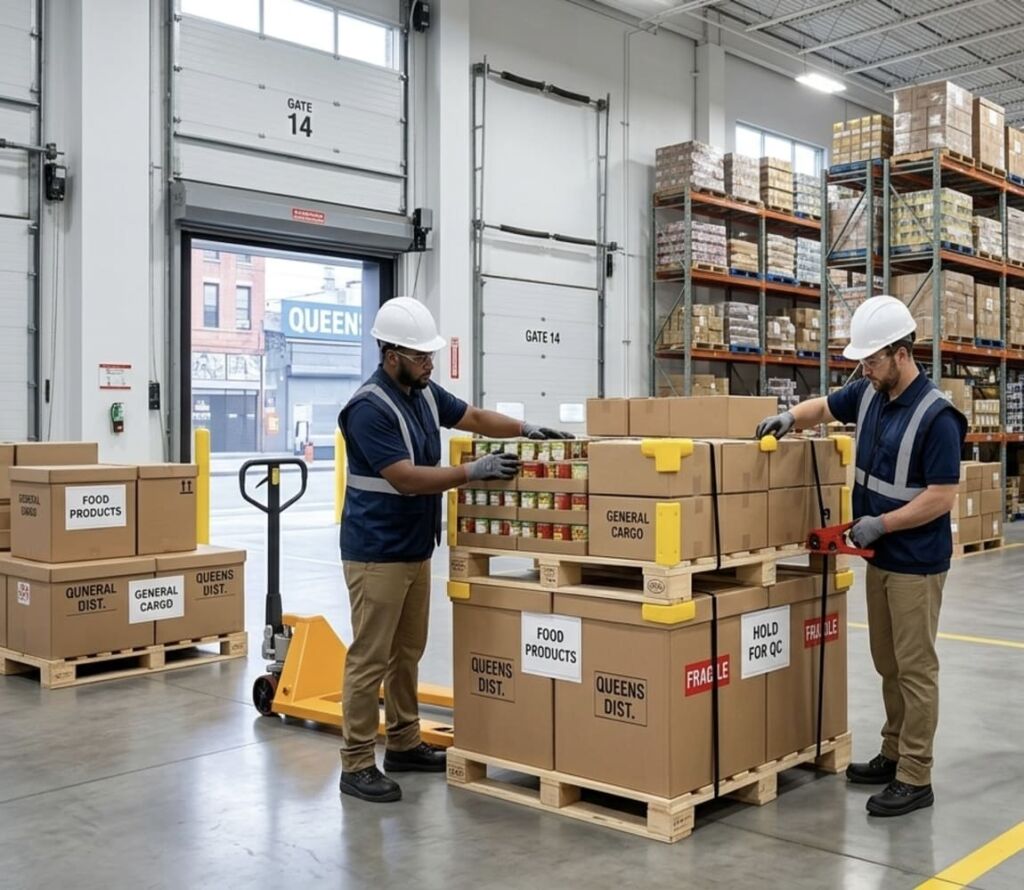 Logistics professionals securing and restacking pallets for NYC distribution