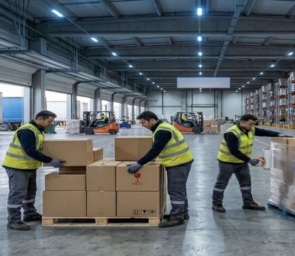 Warehouse workers reorganizing pallets for safe transport in Scottsdale, AZ