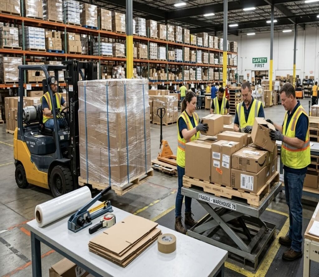 Warehouse team performing pallet rework and freight optimization in Tomah, WI