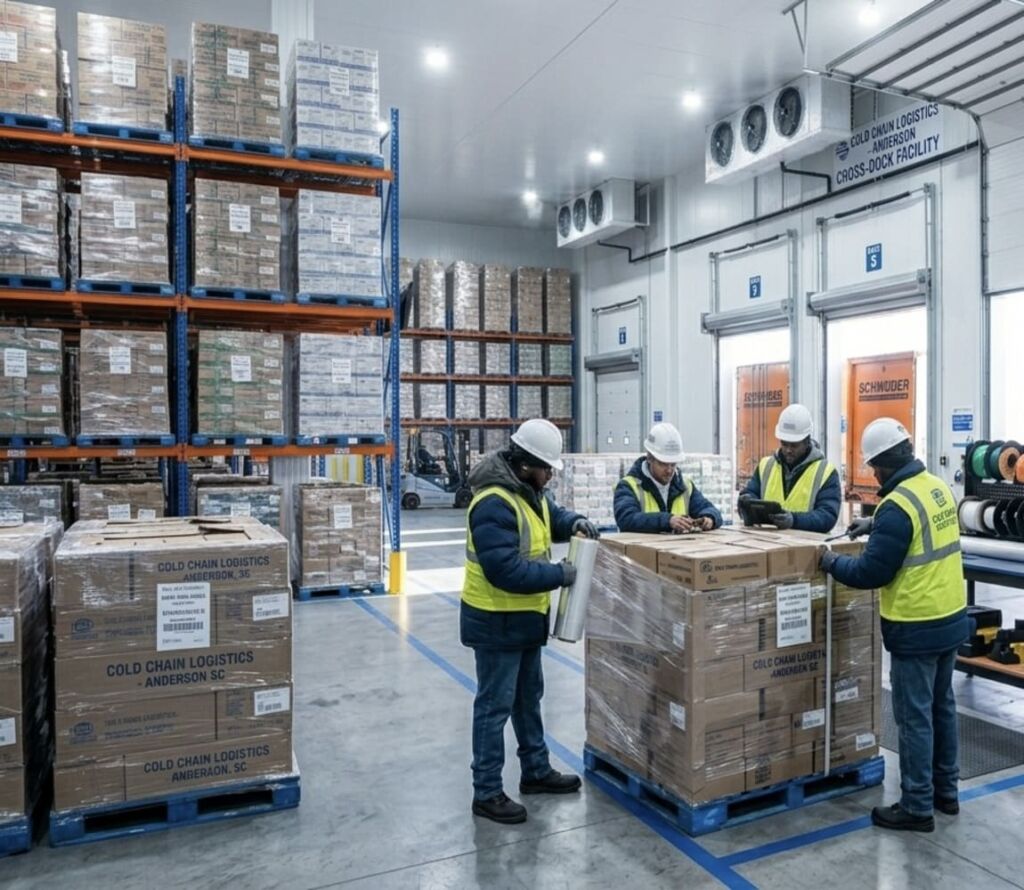 Warehouse workers reorganizing pallets for safe transport in Anderson, SC